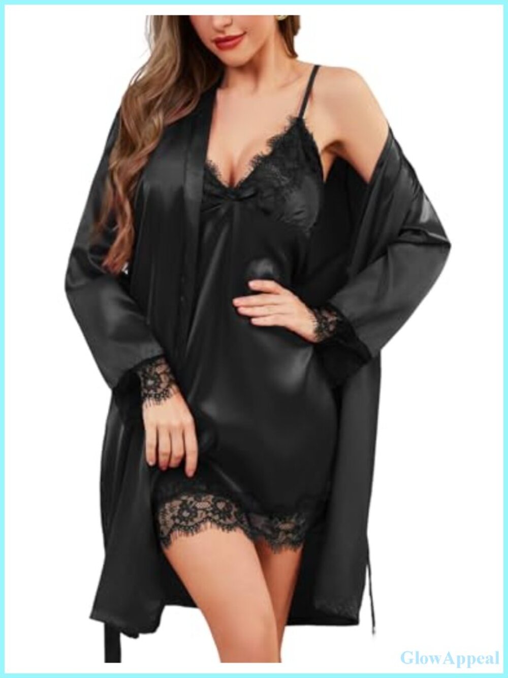 Women's Satin 2 Piece Pajama Lingerie Set with Robe Nightgown